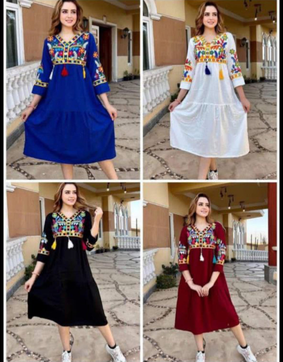 Colourful Floral threaded embroidery midi Jalabiya summer dress