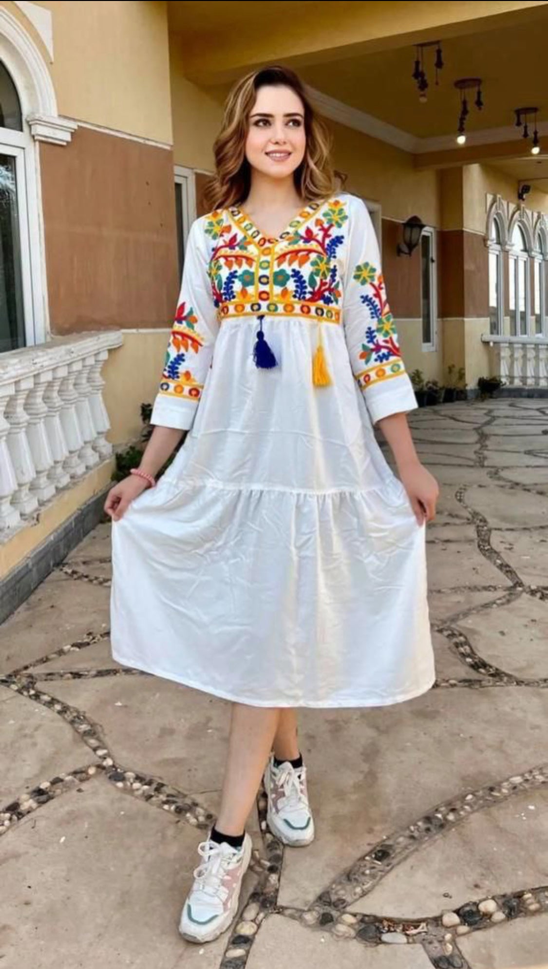 Colourful Floral threaded embroidery midi Jalabiya summer dress