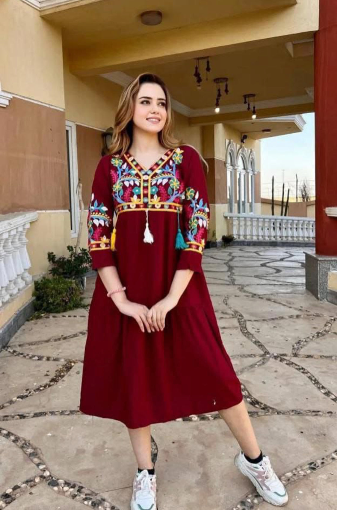 Colourful Floral threaded embroidery midi Jalabiya summer dress