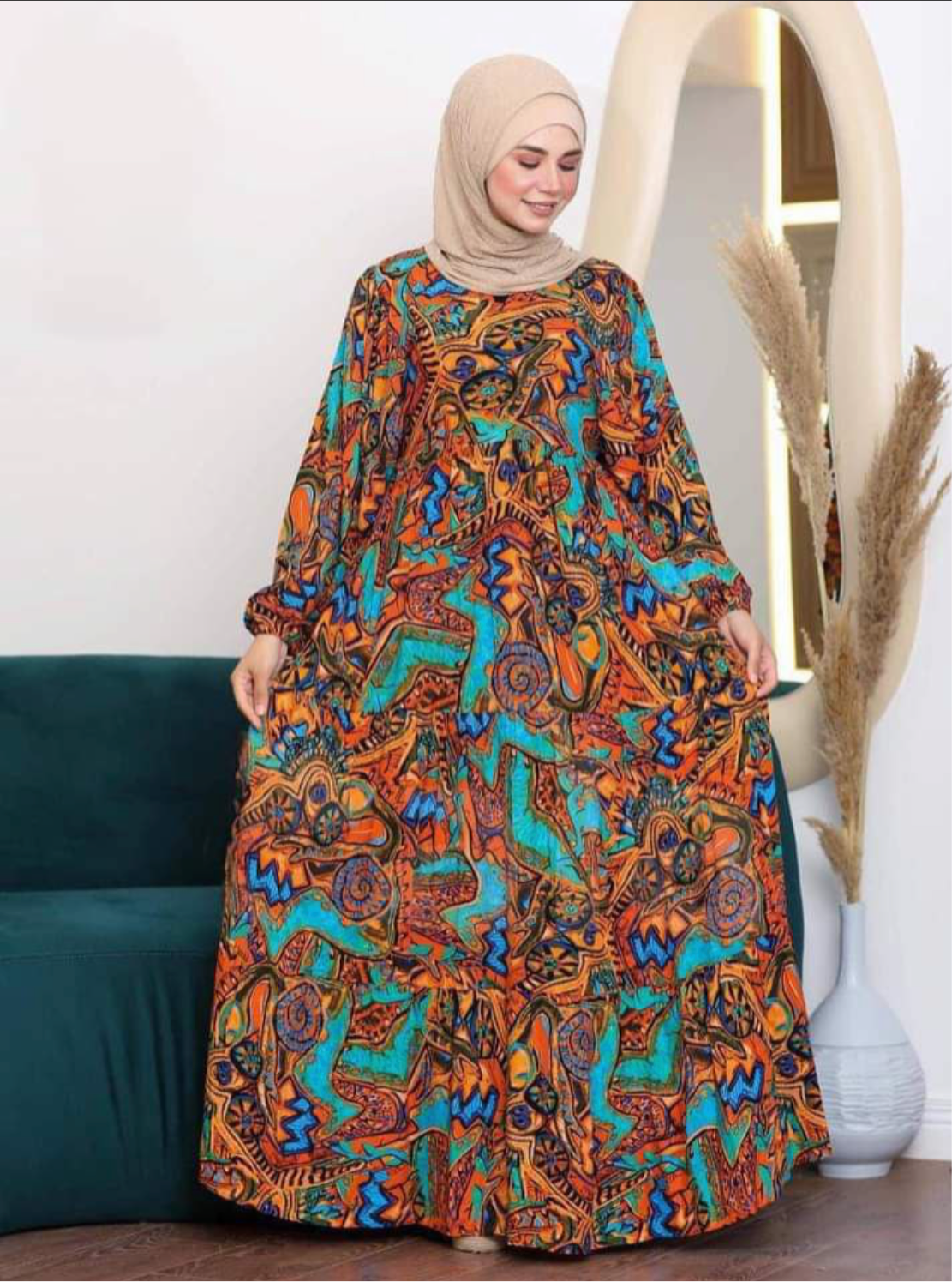 Elegant Abstract Colourful loose Jalabiya wide sleeves Maxi dress