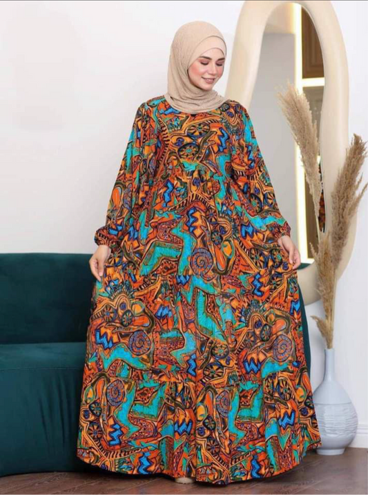 Elegant Abstract Colourful loose Jalabiya wide sleeves Maxi dress