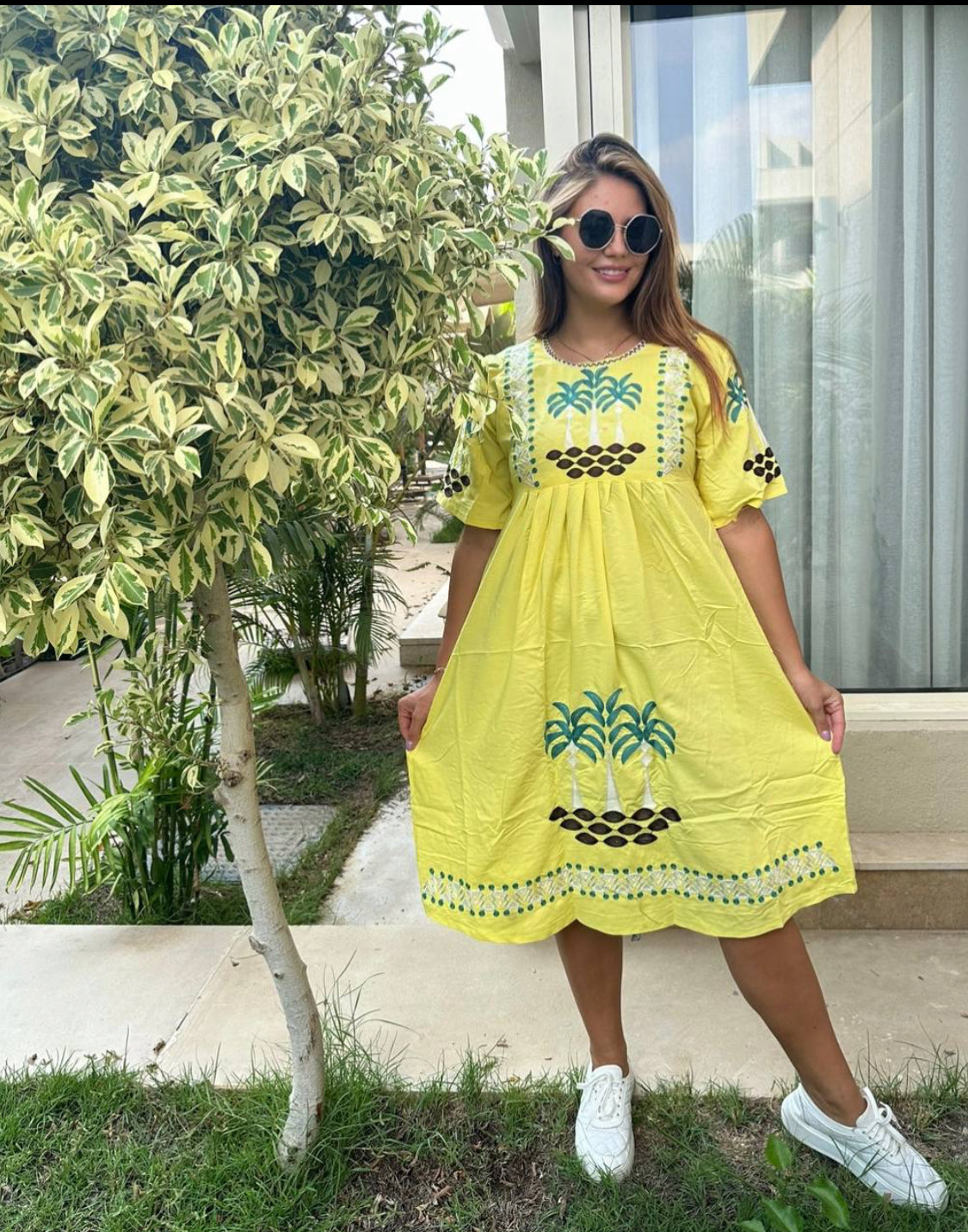 Floral threaded embroidery Midi Dress belted for summer