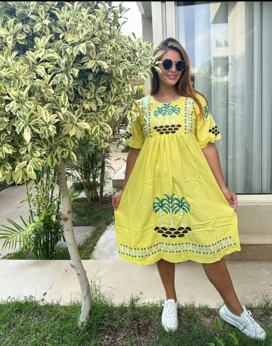 Floral threaded embroidery Midi Dress belted for summer