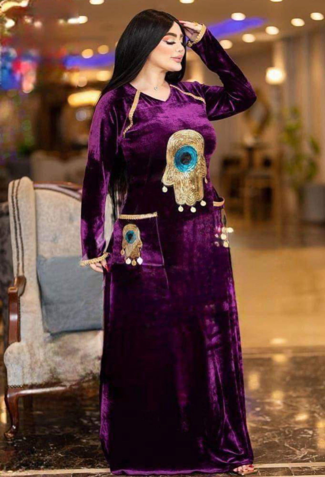 Luxury eye evil hand beaded velvet maxi pockets belted Jalabiya dress