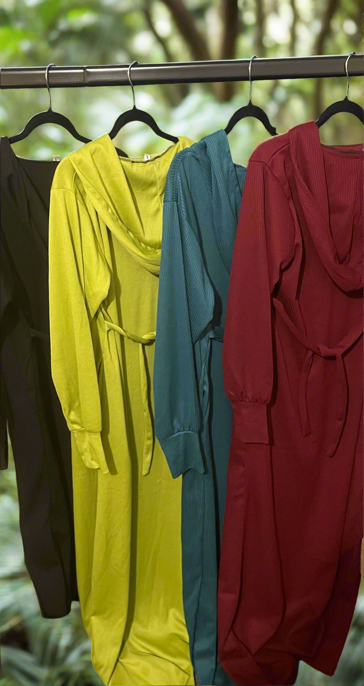 Traditional hooded Jalabiya with pockets belted stretching dress maxi
