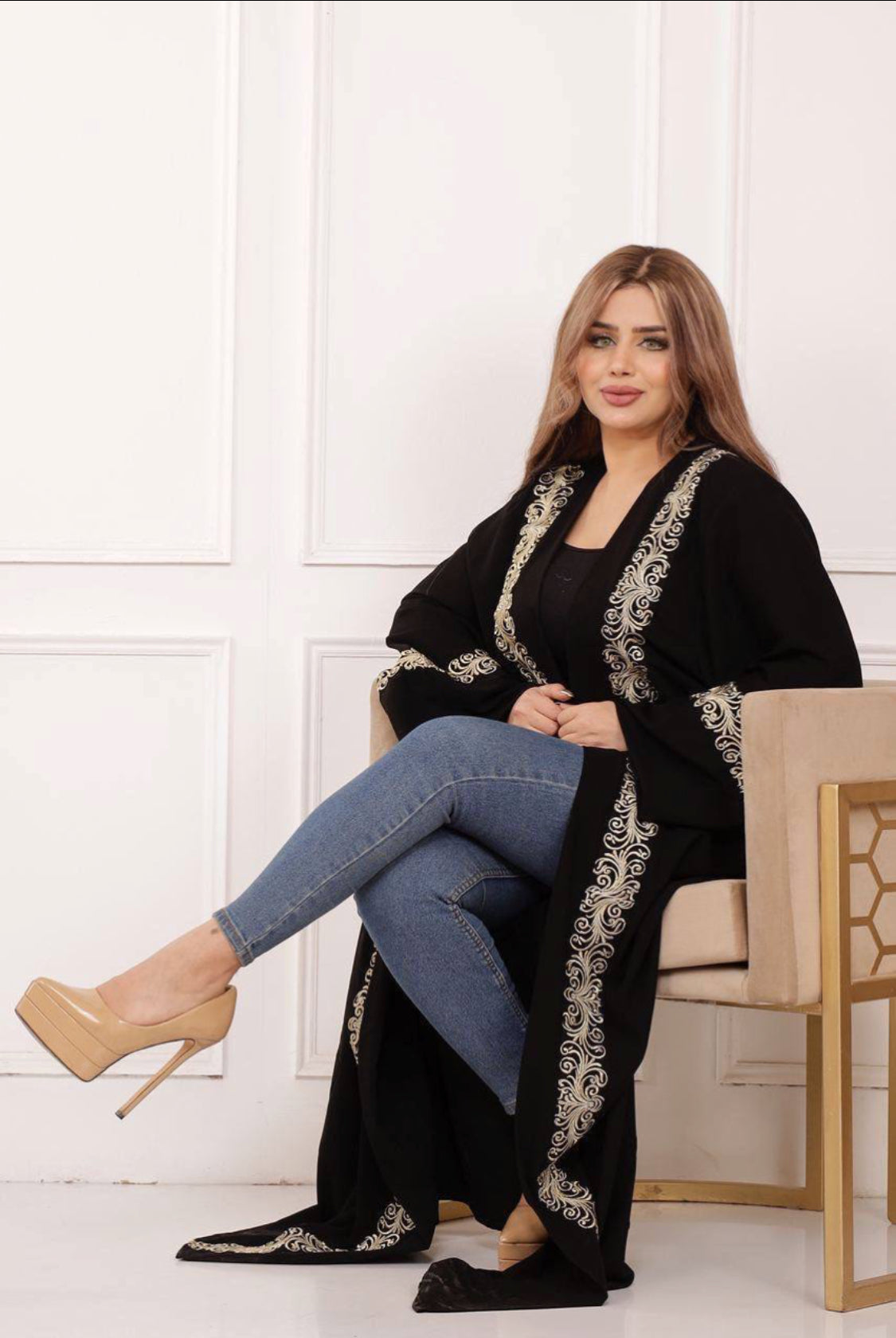 Elegant open Abaya cover patchwork embroidery Maxi free size