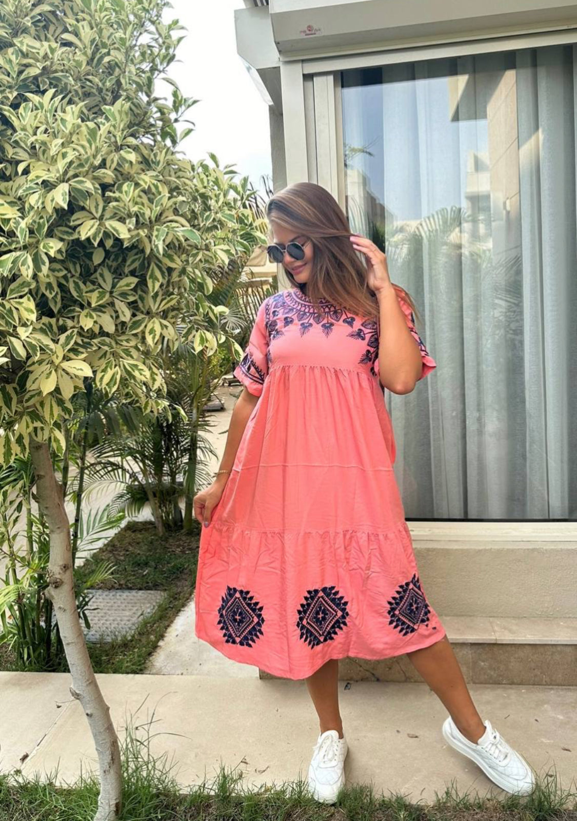 Floral threaded embroidery Midi Dress belted for summer