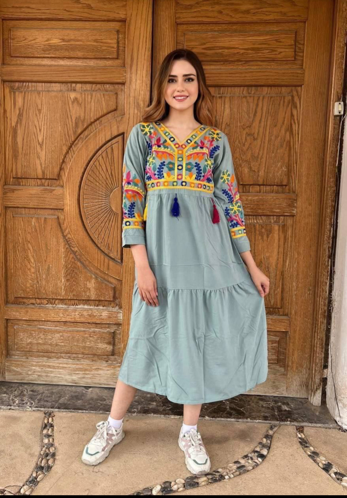Colourful Floral threaded embroidery midi Jalabiya summer dress