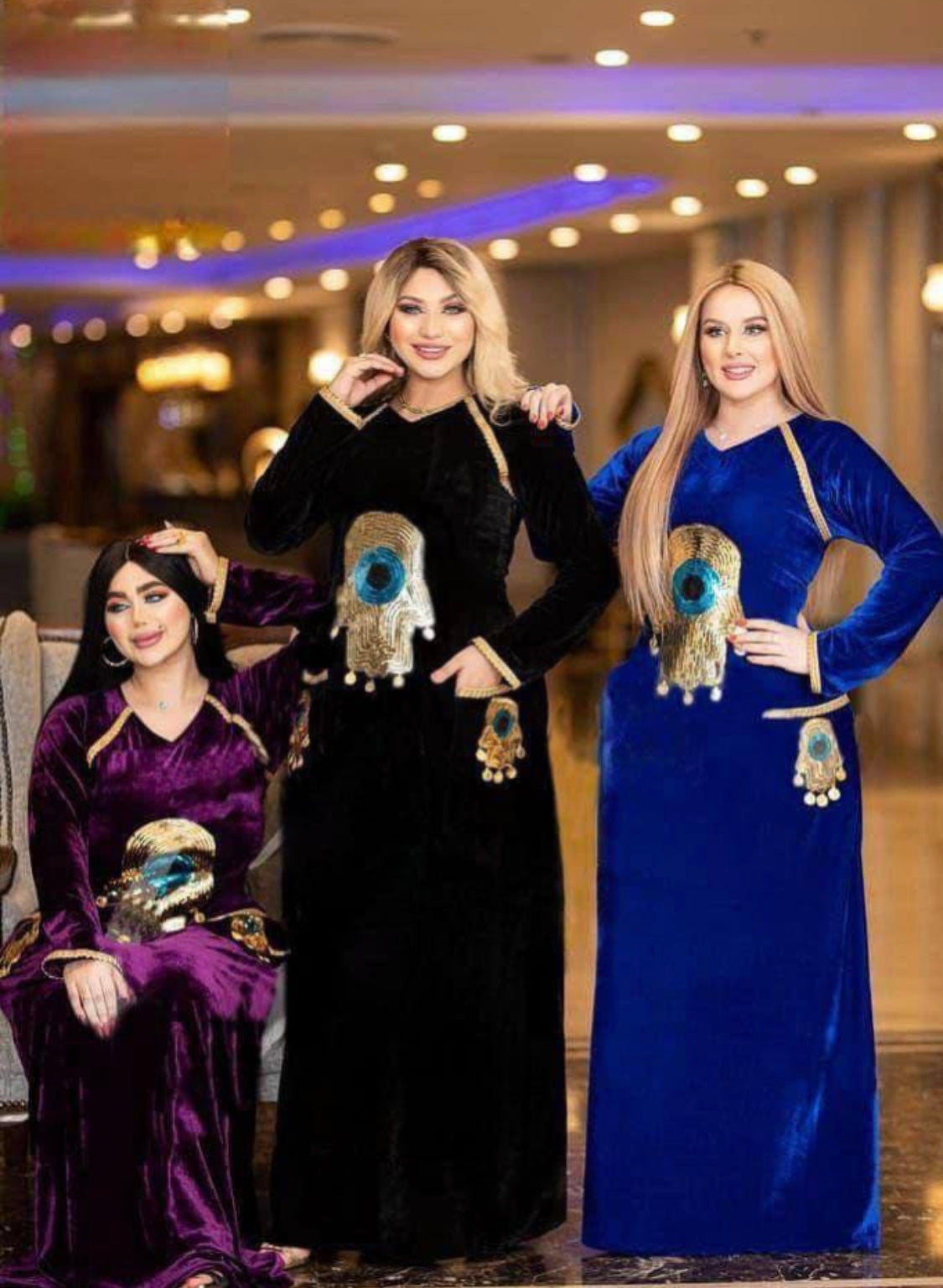 Luxury eye evil hand beaded velvet maxi pockets belted Jalabiya dress
