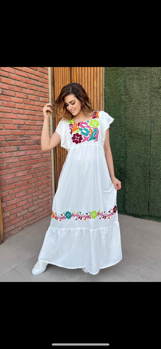 Elegant Floral threaded embroidery Jalabiya maxi dress cap sleeves plus size