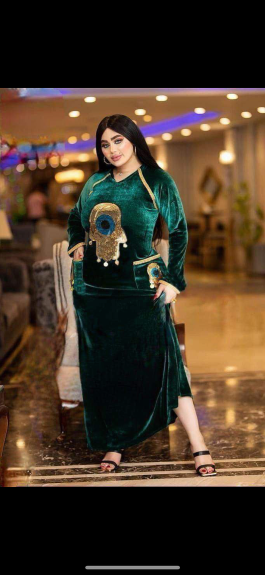 Luxury eye evil hand beaded velvet maxi pockets belted Jalabiya dress