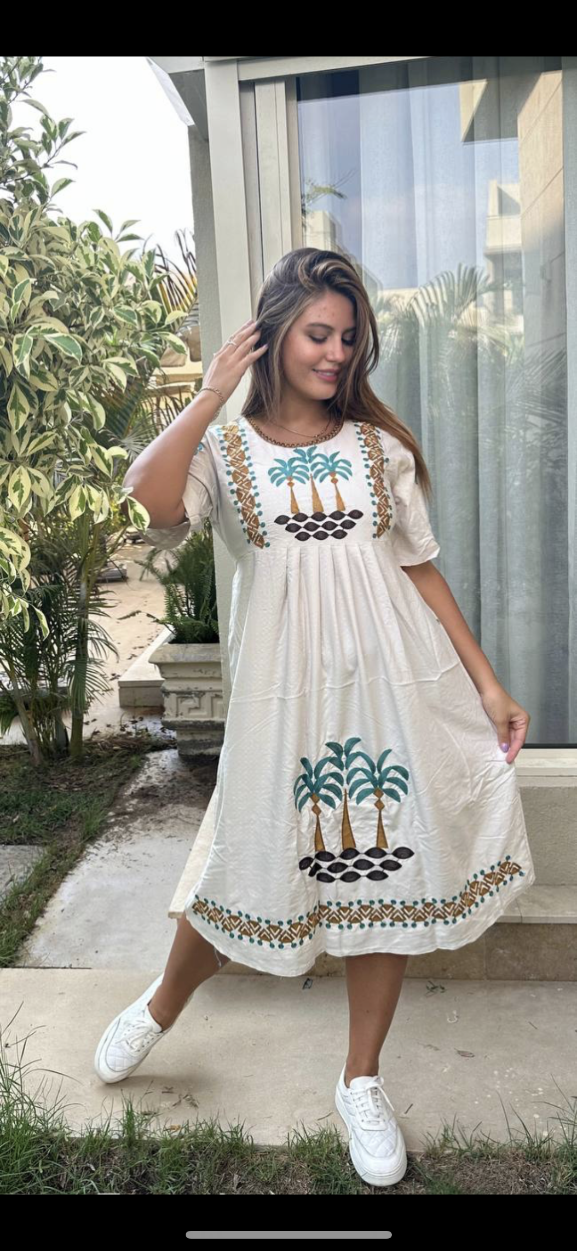 Floral threaded embroidery Midi Dress belted for summer