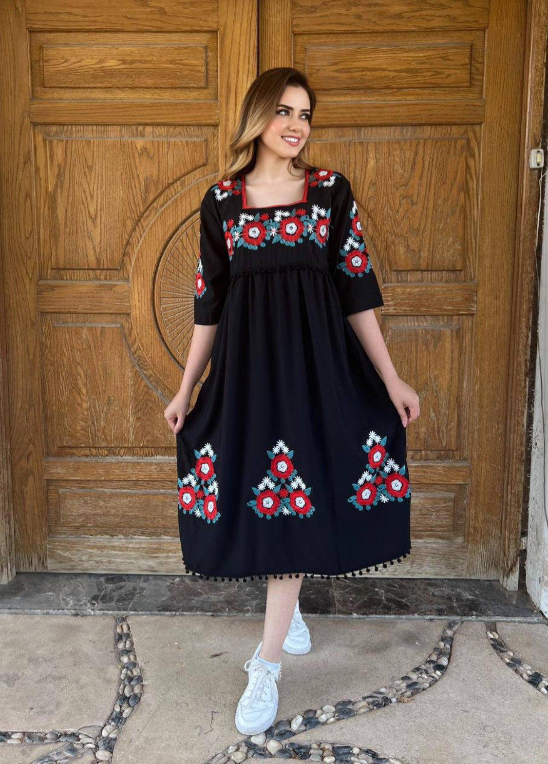 Floral threaded embroidery Midi Dress belted for summer