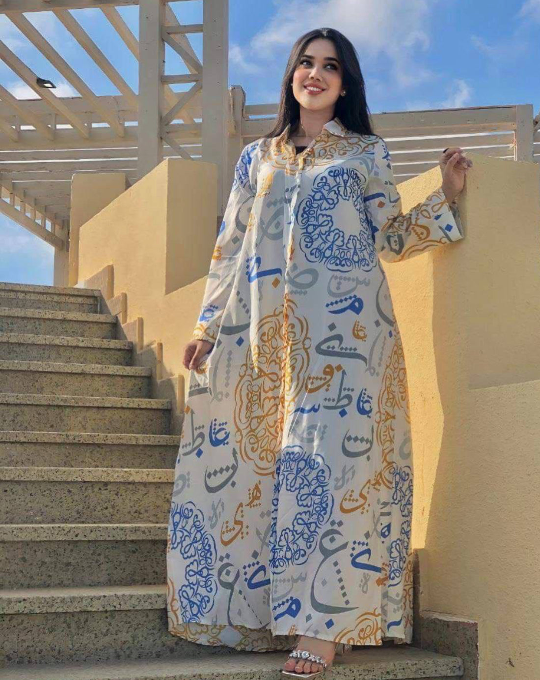 Shirt styled modest letters printed Jalabiya dress