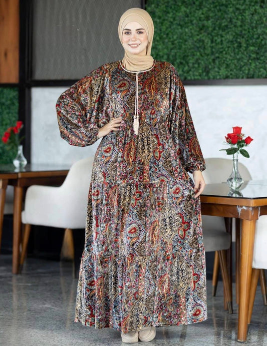 Luxury soft velvet multicoloured wide sleeves Jalabiya dress