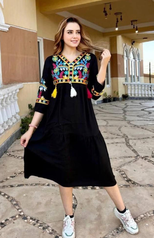 Colourful Floral threaded embroidery midi Jalabiya summer dress
