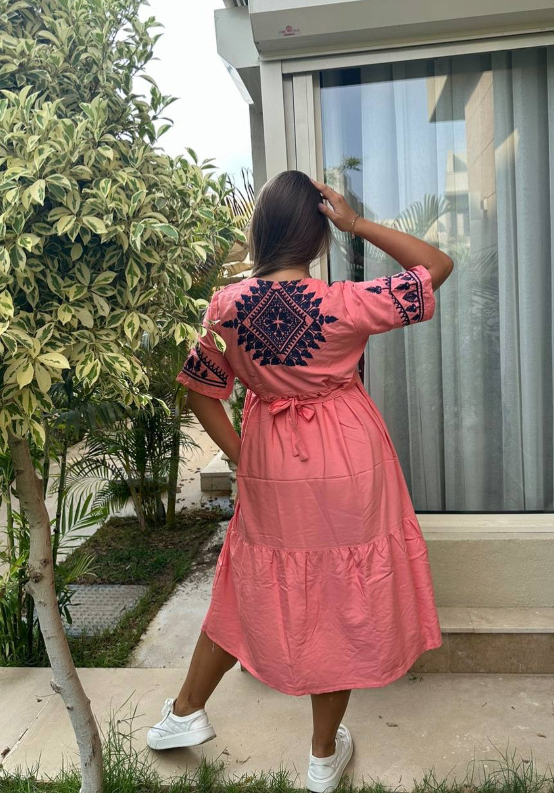 Floral threaded embroidery Midi Dress belted for summer