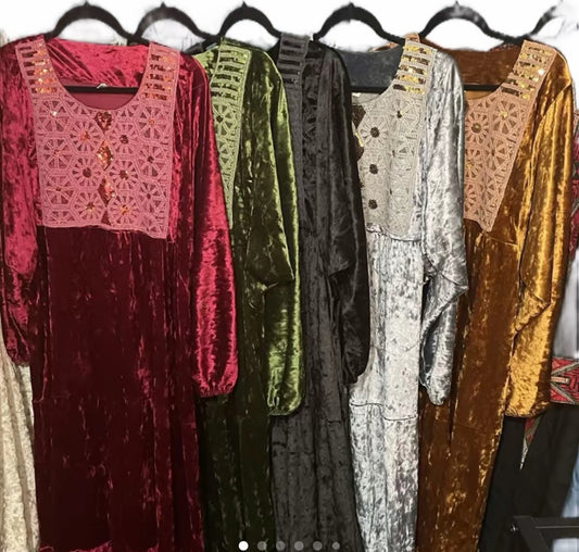 Luxury velvet beaded sequin Jalabiya wide sleeves 

maxi dress plus size